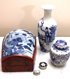 Beautiful Vintage Blue & White Chinese Porcelain Vase, Ginger Jar With Lid & Hand Painted Lacquered Wood B