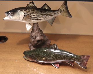 Two Small, Fish Decoys- Striped Bass, And Brook Trout