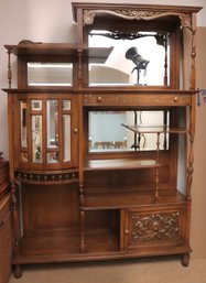 Victorian Style What Not Shelf With Carved Accent And Beveled Mirrors.