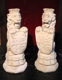 Pair Of Vintage Rampant Lion Cement Garden Statues With Shield