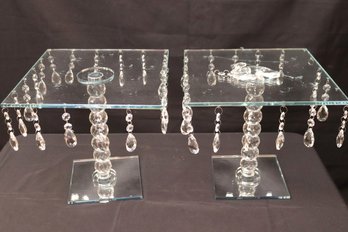 Set Of 2 Fine Square Glass Pedestal Cake/pastry Stands With Hanging Glass Crystals