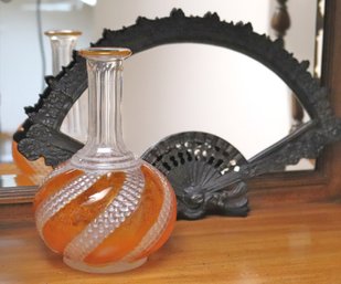 Wrought Iron Fan Shaped Vanity Tray With Mirror And Colored Glass Decanter.