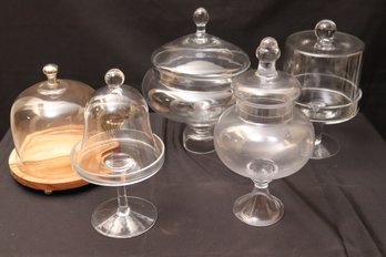 Lot Of 5 Covered Glass Serving Pieces Including Pastry Dishes And Apothecary Style Jars