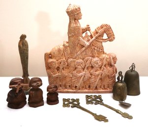 Vintage Carved Stone Ethiopian Sculpture Includes Vintage Brass Bells, Carved Stone Figure & Carved Religi