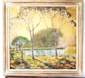 Vintage Landscape Painting Of A Peaceful Pond Nestled In The Forest Signed By Artist In The Lower Left Cor