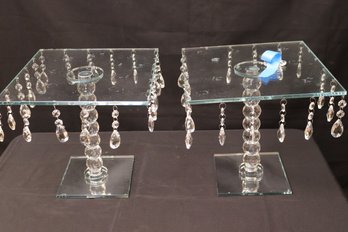 Set Of 2 Fine Square Glass Pedestal Cake/pastry Stands With Hanging Glass Crystals