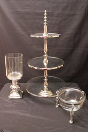 Large Oversized 3 Tiered Chrome And Glass Pastry Dish, Includes Hurricane Candle Holder And Pedestal Bowl