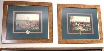 Pair Of Fine Fox Hunting Prints Of H. Aiken Concord Industry With Embossed Seal In Quality Burlwood Style Fram