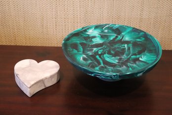 Resin Cake Plate With Green Swirled Design & Marble Heart Trinket Box