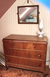 Vintage Marvel Wood Dresser On Casters Includes Mirror With A Beveled Edge & Table Lamp