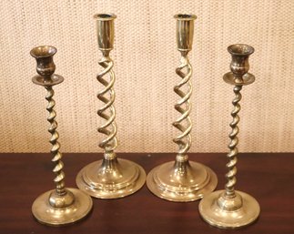 Two Pairs Of Brass Barley Twist Candlestick Holders