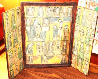 Antique Ethiopian Coptic Christian Orthodox Religious Scene Hand Painted On Wood Board & Vintage Hand Pain