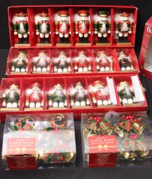 Collection Of Holiday Ornaments Including Nutcracker Place Card Holders, Napkin Rings With Ribbons And More