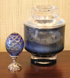 Signed Faberge Style Egg On Sterling Silver Base 7 Oversized Candle In Blue Container