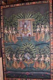Fabulous Large Hindu Indian Celebration Cloth Painting With Deity And Female Dancers.