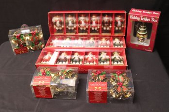 Collection Of Holiday Ornaments Including Nutcracker Place Card Holders, Napkin Rings With Ribbons And Holiday