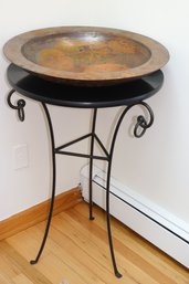 Wrought Iron Side Table Base With Wood Top & Large Bowl, Includes A Large Hammered Copper Bowl With Sh Sta