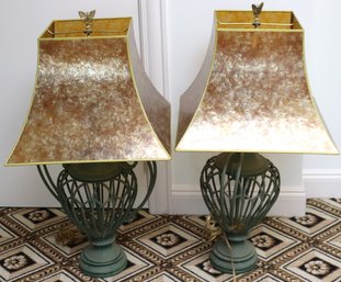 Ornate Wrought Iron Table Lamps With A Green Painted Rustic Finish And Translucent Micha Stone Shades