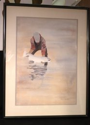 Robert Brown Artwork Charcoal? Drawing On Paper Of Fisherman With Fish.