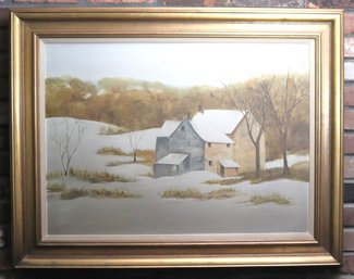 Vintage Winter Scene Acrylic Painting With Farmhouse Signed Barbara.