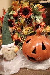 Fun Fall Decorations Include A 24- Inch Wreath, Large Ceramic Jack O Lantern Decoration And Ceramic Gnome