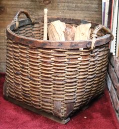Large Vintage Wood And Wicker Basket With Handles