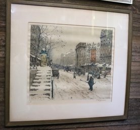 T. F. Simmon Signed Lithograph Of Winter Scene In A European City.