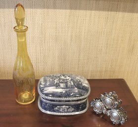 Variety Lot With Gold Edged Decanter, Delft Style Box, And Silver? Napkin Holder
