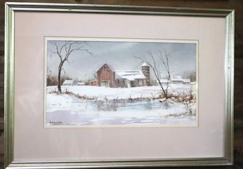 Watercolor Winter Scene With Barn And Snowy Field Signed Volkauskas.