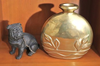 Solid Brass Art Deco Oblong Oval Round 10-inch Vase With Embossed Design And Bulldog Figurine