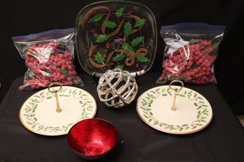 Includes 2 Vintage Lenox Holiday Candy Dishes With Handle, Square Glass Platter, Red Bowl And Faux Holiday B