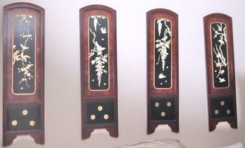Set Of 4 Decorative Asian Wall Panels With Embossed Flowers And Birds