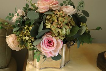 Georgian Style Metal Planter With Faux Silk Floral Arrangement.