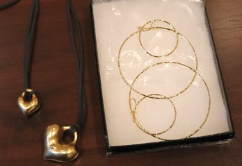 Two Heavyweight Gold Hearts On Rope Chains & Long Gold Hoop Earrings
