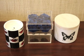 Fornasetti LABBRA Red Lip Candle, Venus Fleur Blue Scented Roses And SKEEM Outdoor Citronella Butterfly Cand