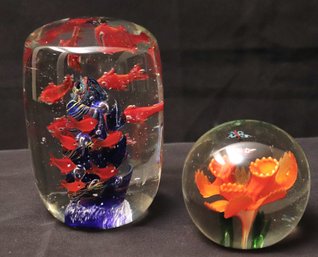 Blown Art Glass Paperweight Scenery Includes Underwater Fish Scene And Flower With Butterfly