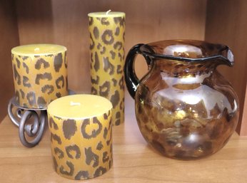 Decorative Candles And Modern Amber Toned Handblown Glass Pitcher