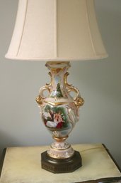 Romantic Porcelain Lamp With Hand Painted Scene Of Maiden And Cherub