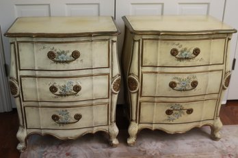 Pair Vintage Italian Bombe Style Crme Painted Nightstands With 3 Drawers.