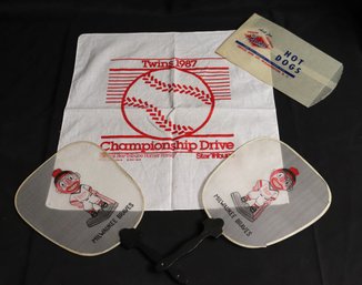 Two Vintage Silk Fabric Fans With Milwaukee Braves Mascot, Twins 1987 Championship Dr. Handkerchief And Briggs