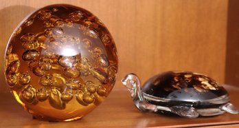 Blown Art Glass Turtle And Amber Toned Glass Orb Dcor