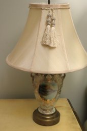 Antique Porcelain Table Lamp With Lake Scene And Gold Flourishes.
