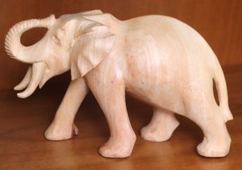 Carved Wood Elephant With Raised Trunk Dcor