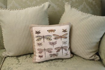 Two Green And White Accent Pillows And Small Needlepoint Pillow With  Dragonflies.