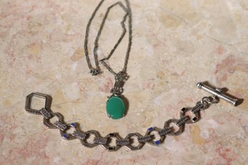 Sterling Marcasite Bracelet And Green Pendant Necklace.