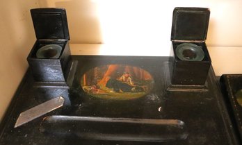 Antique Inkwell Set With Hand Painted Scene On Board