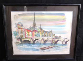 Framed Watercolor With Painted Embellishments Of The Conciergerie In Paris Signed In The Corners By The Artist