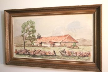 Vintage Landscape Watercolor In Frame Signed By The Artist In The Lower Corner