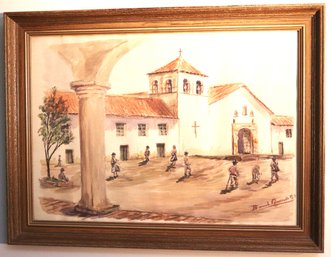 Signed Watercolor Of A Traditional Church Landscape And Its Followers