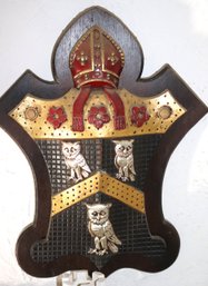 Heavy Metal Shield Crest With Owl On Wood Plaque